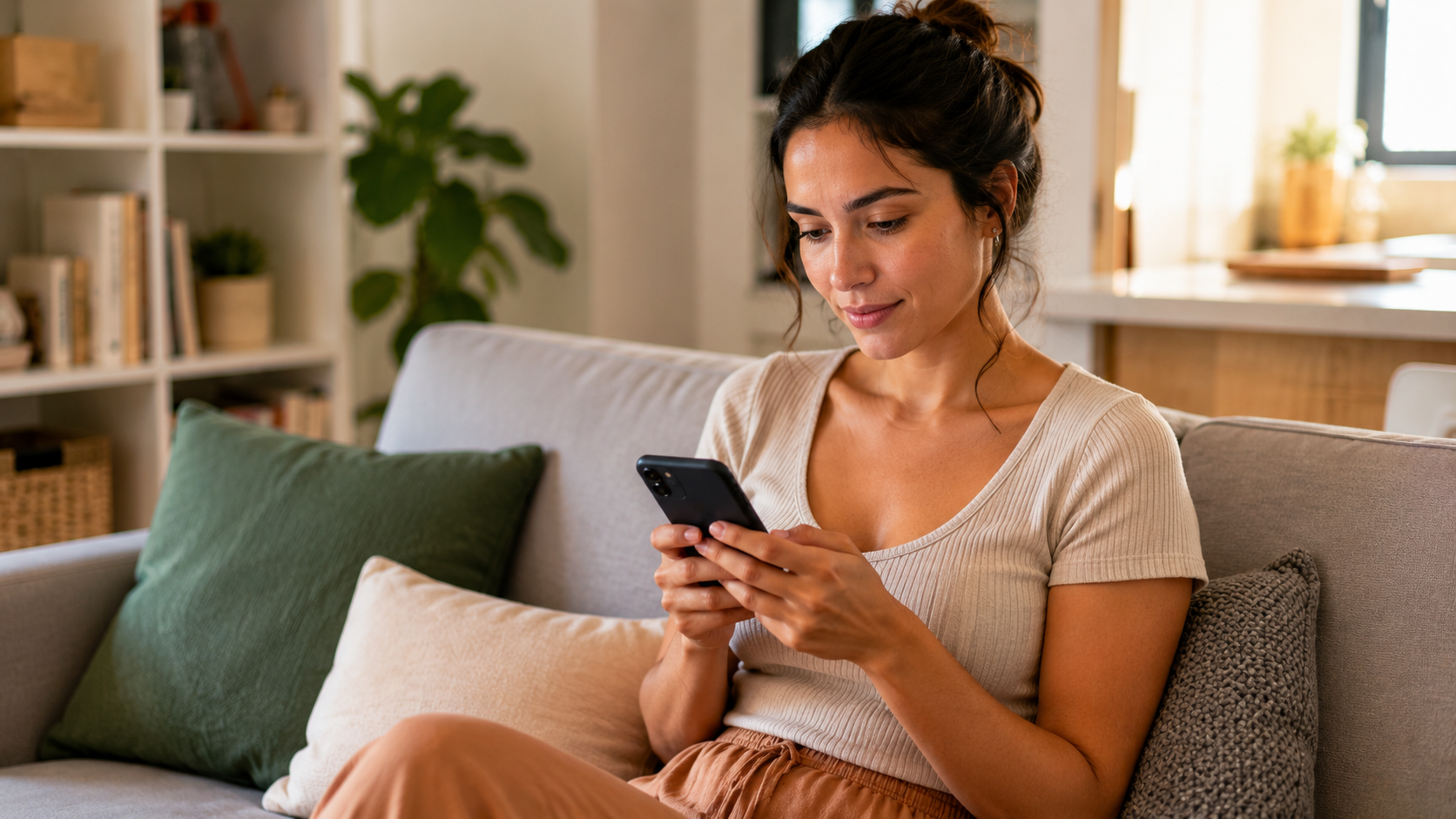 Pessoa verificando avaliações e detalhes de produto no celular antes de comprar itens para casa online