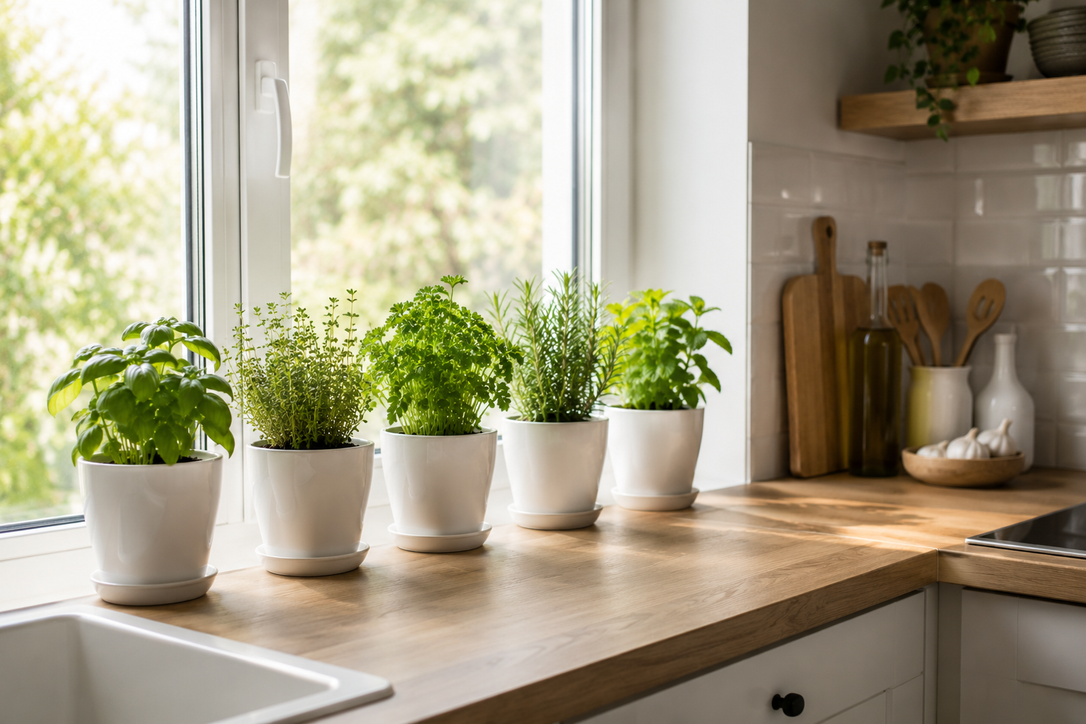 horta de ervas na bancada da cozinha de apartamento pequeno