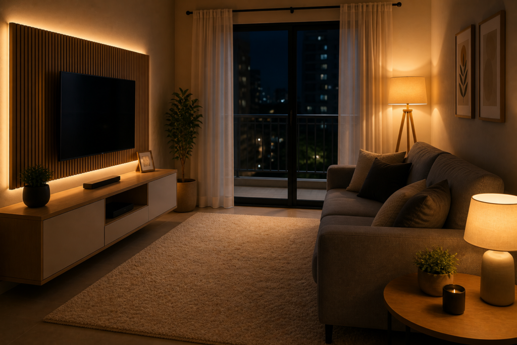  iluminação em camadas para decorar apartamento alugado sem obra