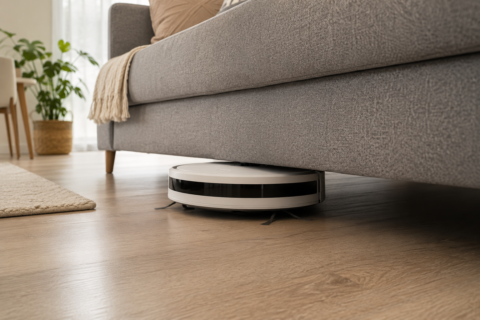 robô aspirador funcionando embaixo do sofá em apartamento pequeno