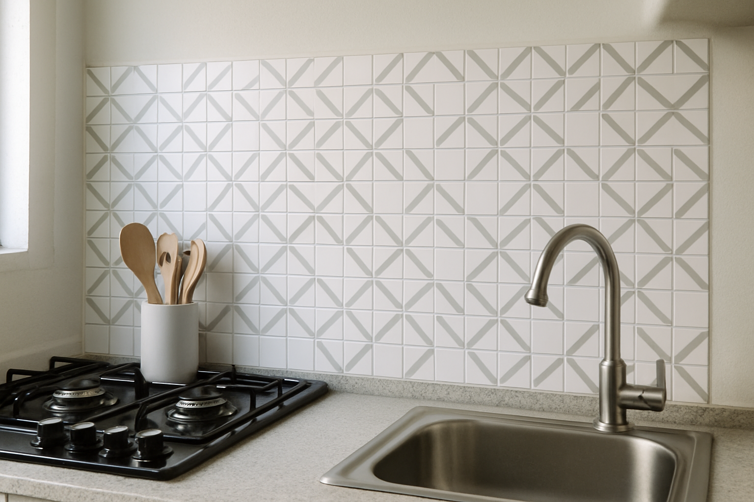 adesivo de azulejo aplicado em cozinha de apartamento alugado