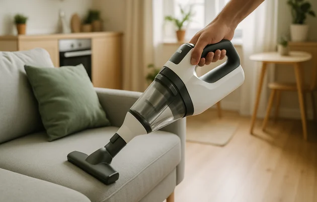Aspirador vertical 2 em 1 usado como aspirador de mão no sofá do apartamento