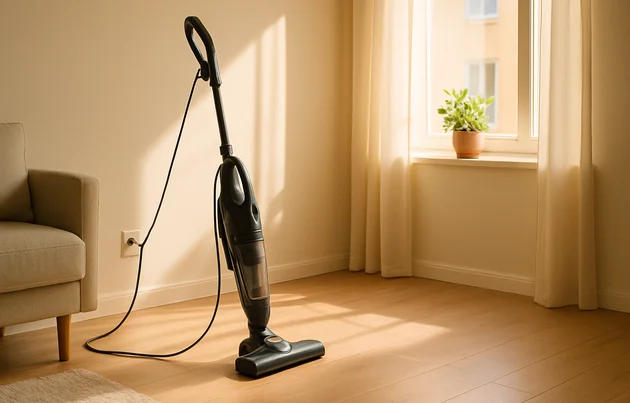 Aspirador vertical com fio limpando piso de apartamento pequeno