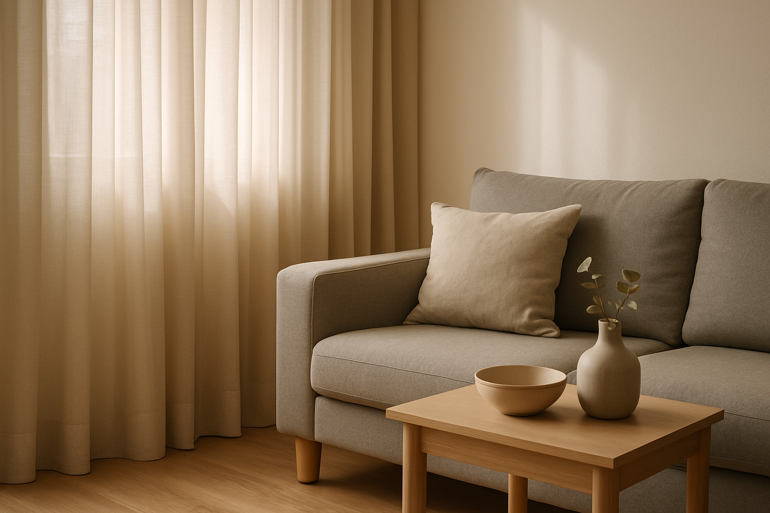 cortina voal linho em sala de apartamento alugado pequena decorada
