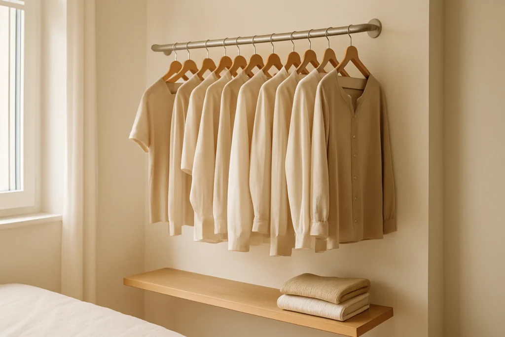 arara de parede com roupas organizadas em apartamento pequeno