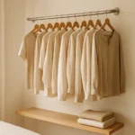 arara de parede com roupas organizadas em apartamento pequeno
