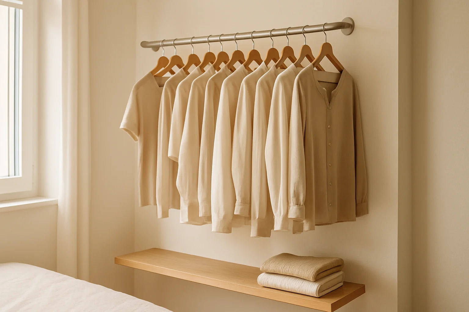 arara de parede com roupas organizadas em apartamento pequeno