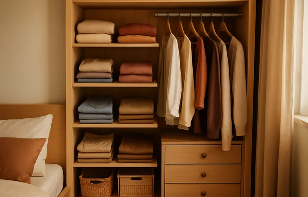 Guarda-roupa pequeno de apartamento organizado com prateleiras e cabides