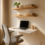home office em apartamento pequeno com mesa junto a janela e prateleiras na parede