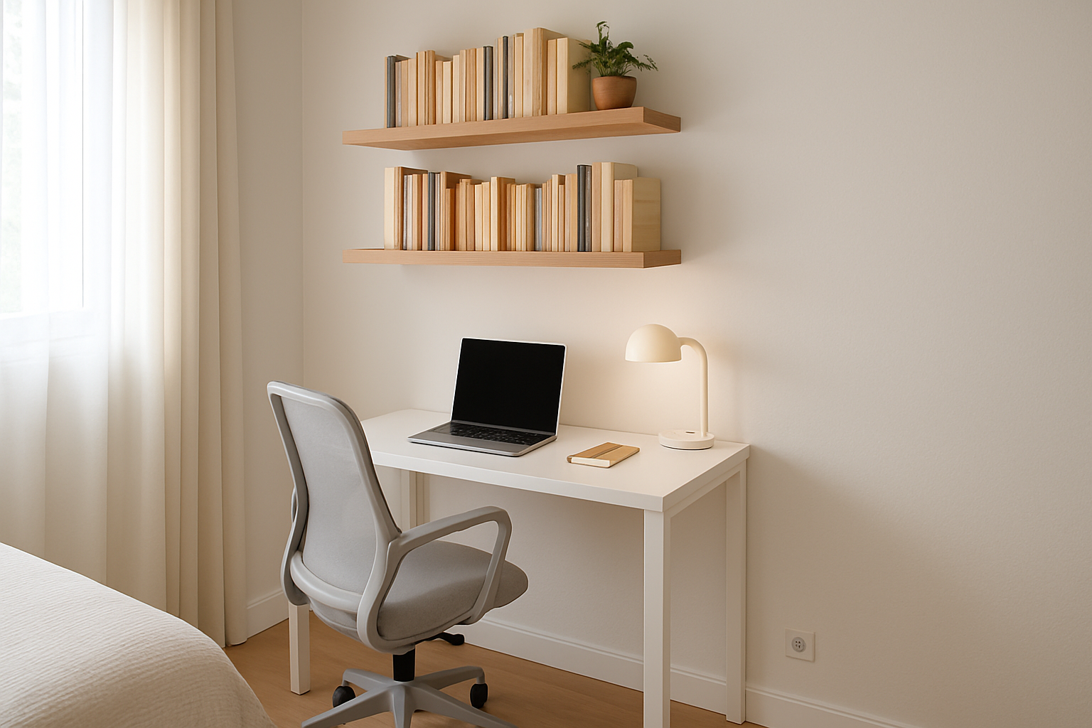 home office completo em apartamento pequeno com planta prateleiras organizadas e iluminação natural