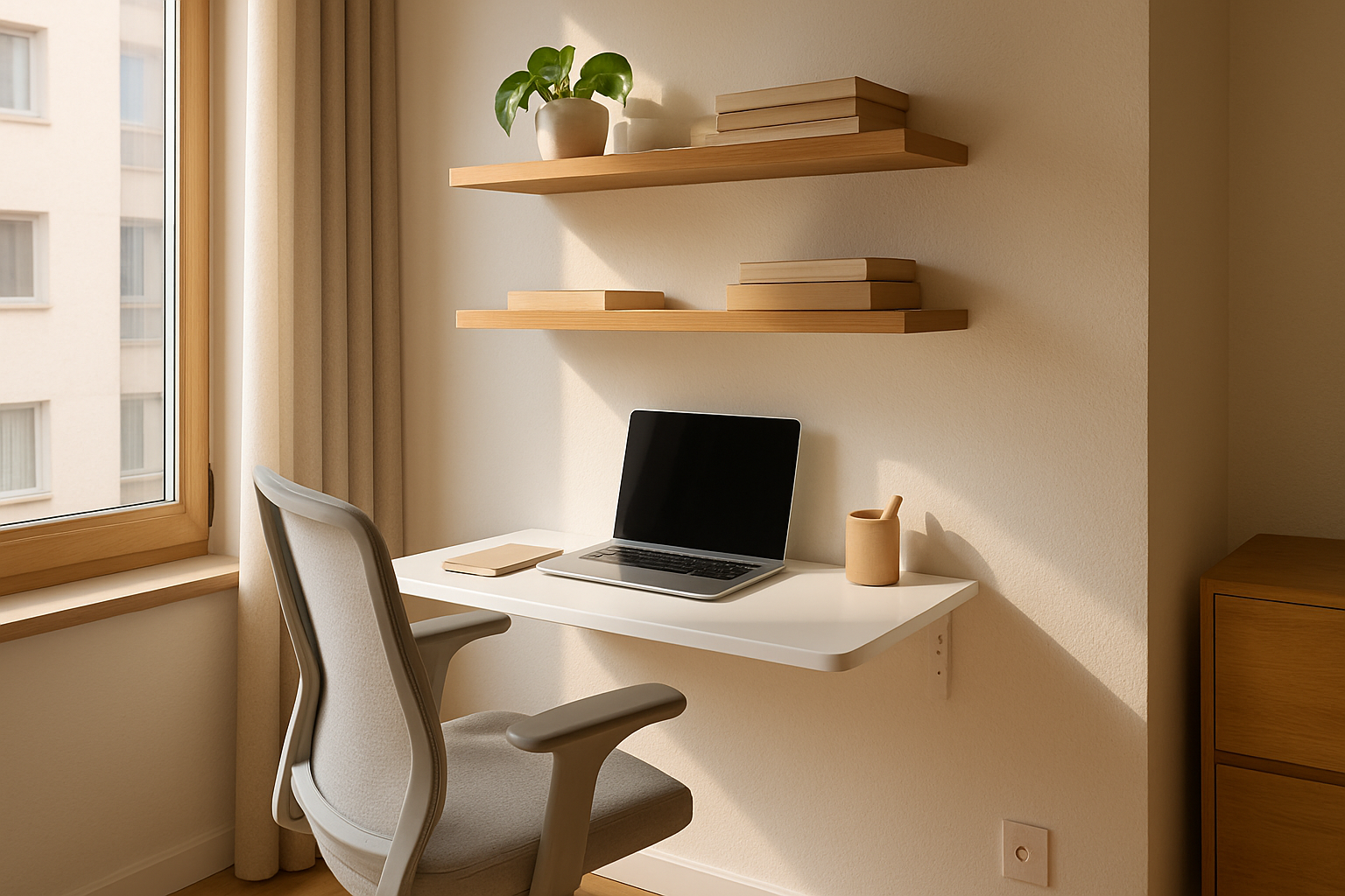 home office em apartamento pequeno com mesa junto a janela e prateleiras na parede
