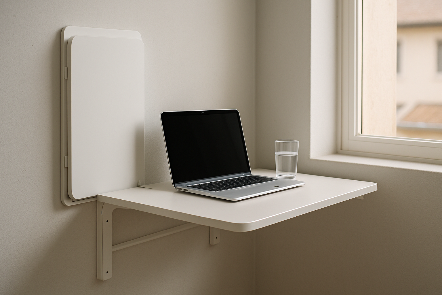 mesa dobravel de parede branca em home office de apartamento pequeno