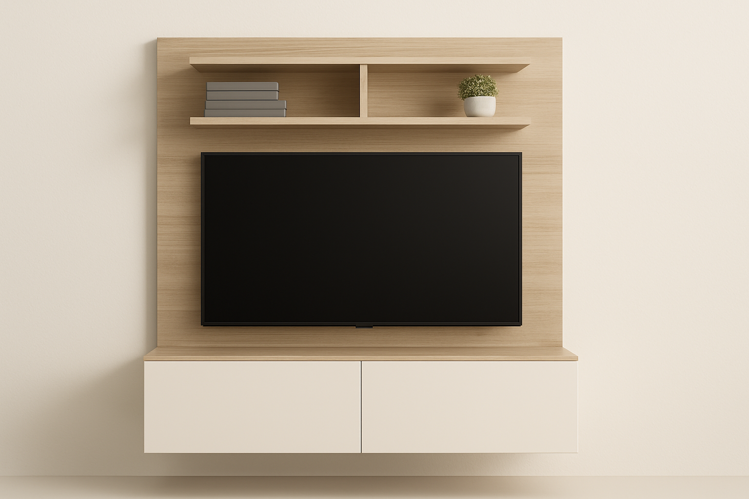 Painel rack de TV suspenso com nichos e portas