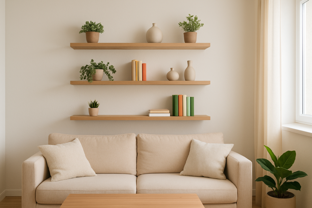 Prateleiras flutuantes em apartamento moderno decorado