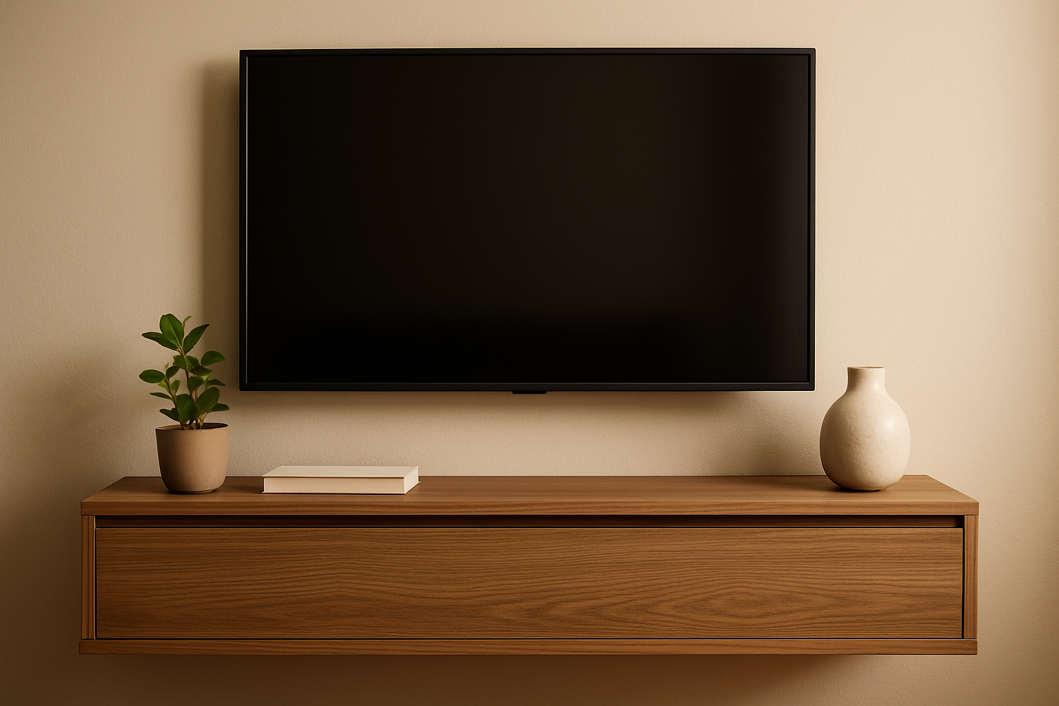 Detalhe de rack de TV com organização de cabos e decoração minimalista em apartamento pequeno