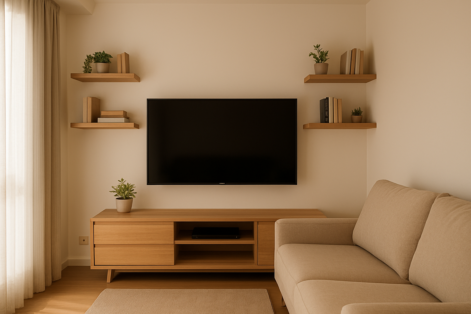 Rack de TV baixo em sala de apartamento pequeno