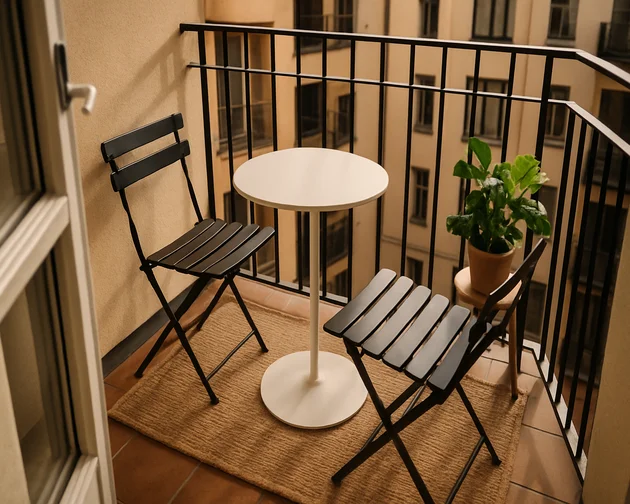 mesa bistro com cadeiras dobráveis em varanda pequena de apartamento