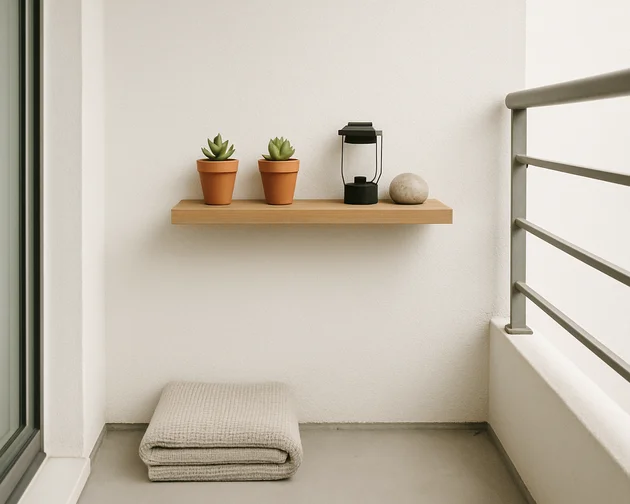 prateleira na parede da varanda com vasos de plantas e luminária