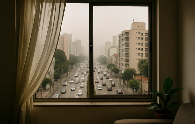 Vista de avenida movimentada pela janela de um apartamento pequeno