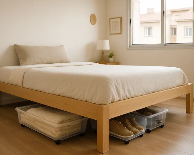 caixas organizadoras de tamanhos diferentes embaixo da cama em apartamento
