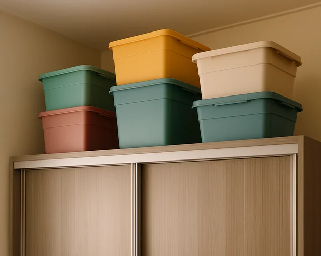 caixa organizadora com tampa no topo do guarda-roupa em apartamento