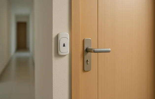 Porta de entrada de apartamento brasileiro com campainha sem fio instalada ao lado do batente