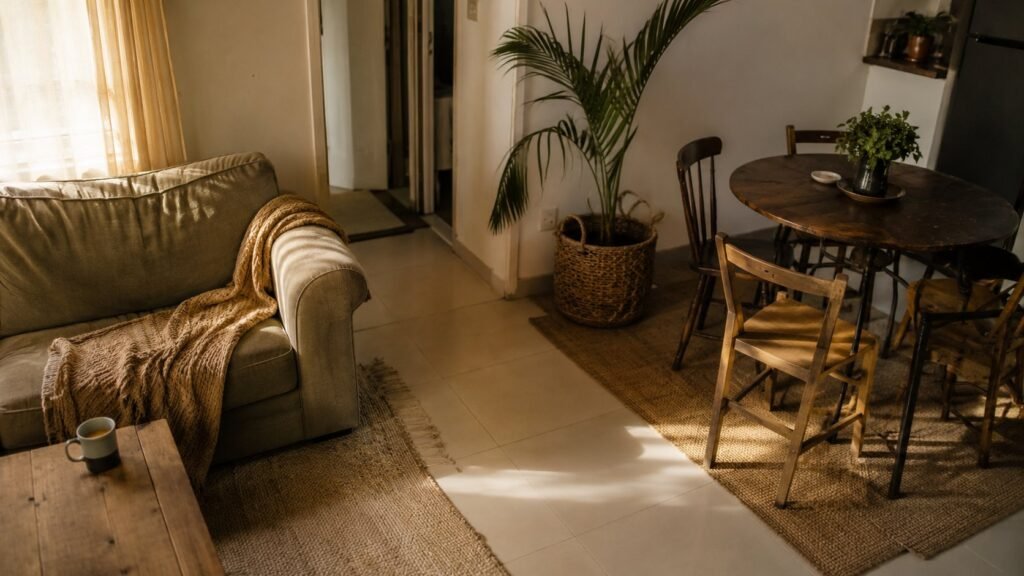 Sala e sala de jantar integradas em apartamento pequeno alugado