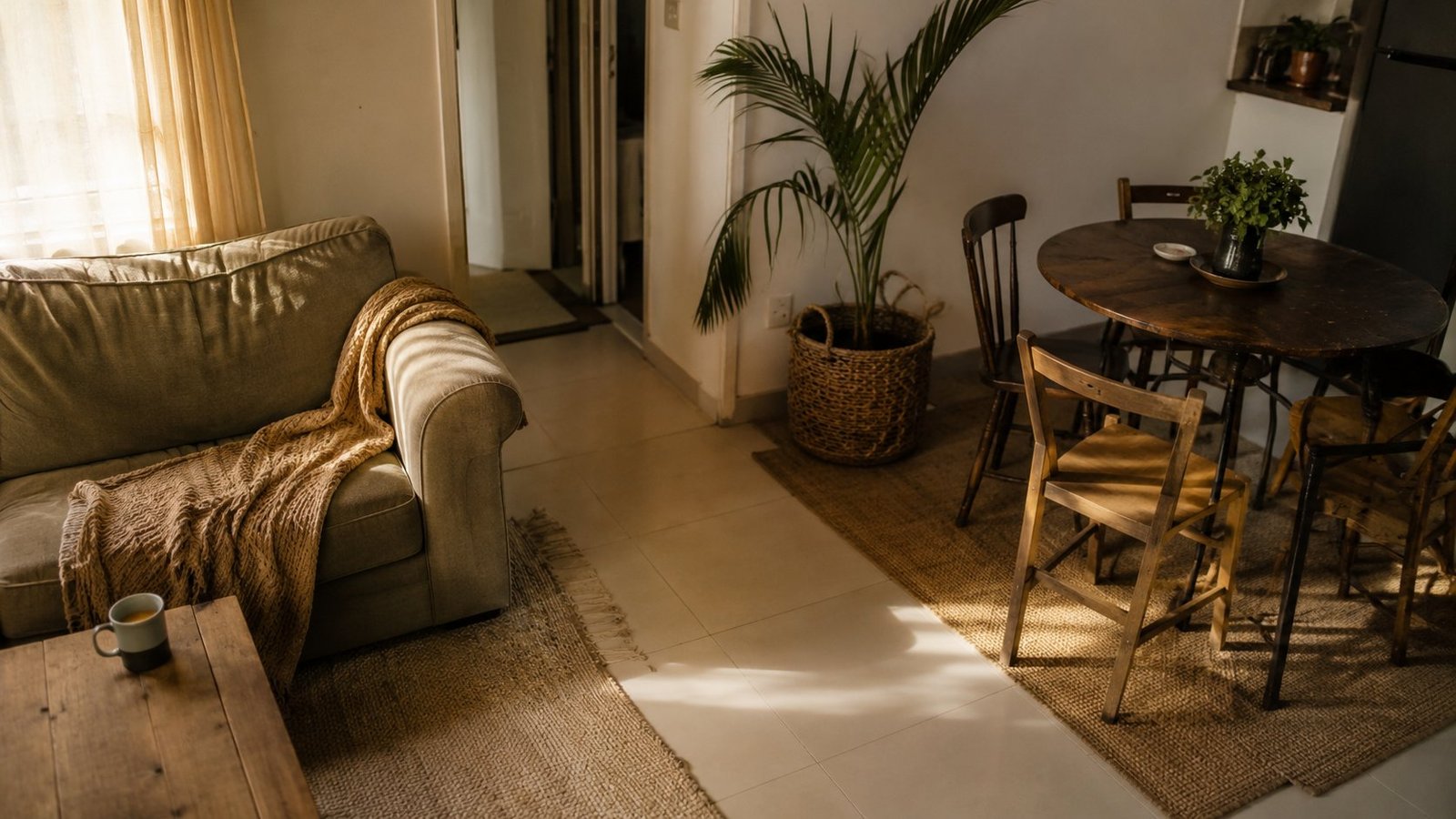 Sala e sala de jantar integradas em apartamento pequeno alugado