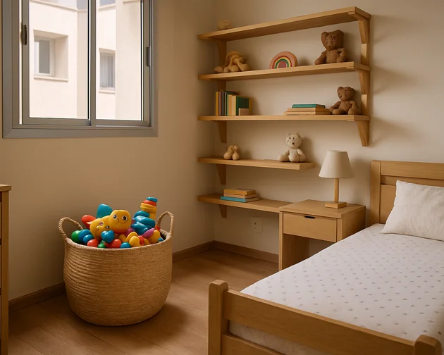 cesto organizador de brinquedos no quarto infantil de apartamento