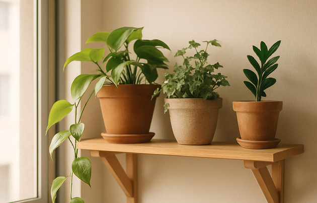 Conjunto de plantas de interior em prateleira de apartamento brasileiro pequeno