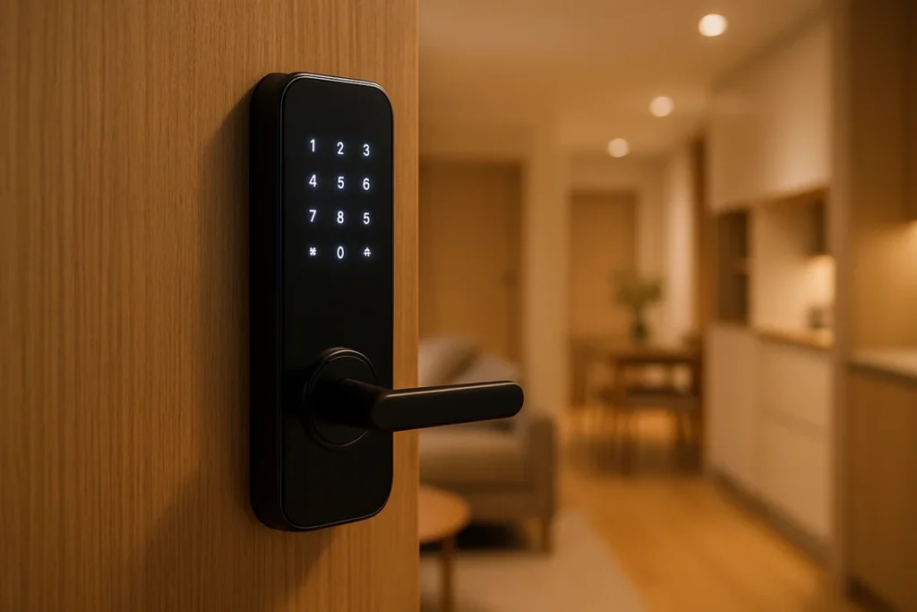 Fechadura digital para apartamento instalada em porta moderna