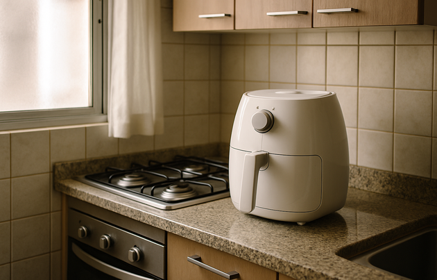 Fritadeira elétrica sobre bancada de cozinha pequena de apartamento
