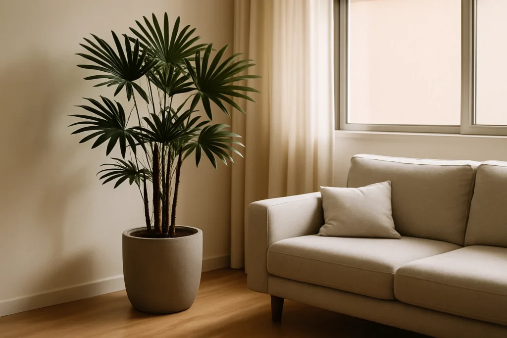 Palmeira ráfis em apartamento decorando canto da sala