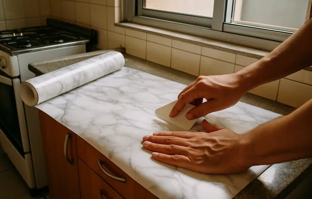 Papel contact para bancada de cozinha em apartamento alugado