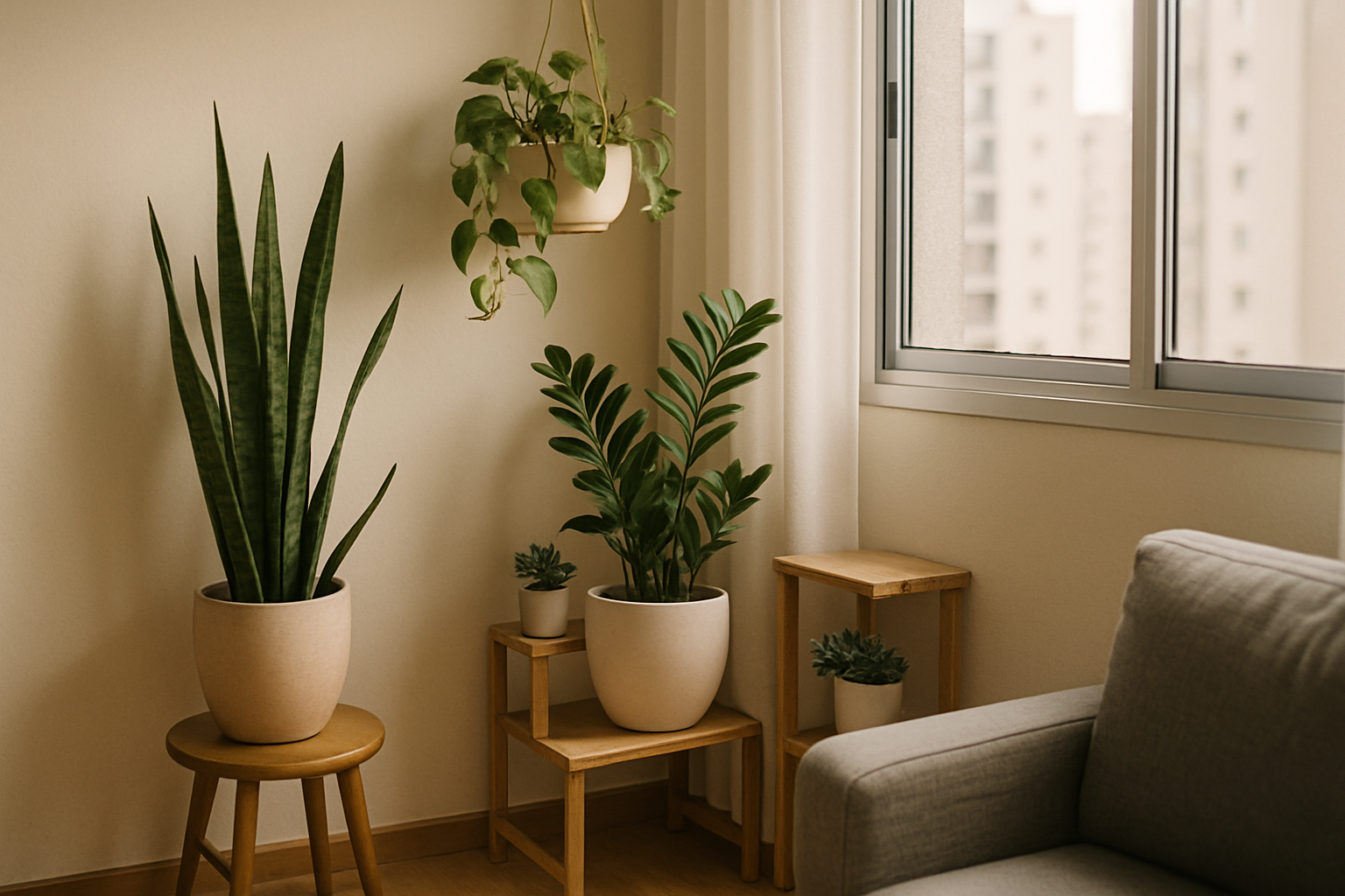 Plantas de interior variadas organizadas em canto de sala de apartamento pequeno brasileiro