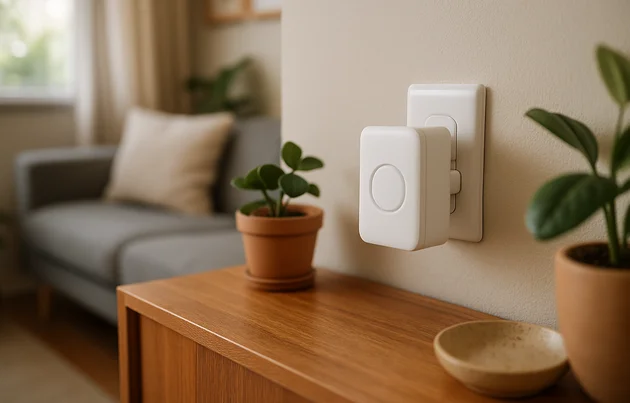 Receptor de campainha sem fio em cima de móvel de sala em apartamento pequeno brasileiro