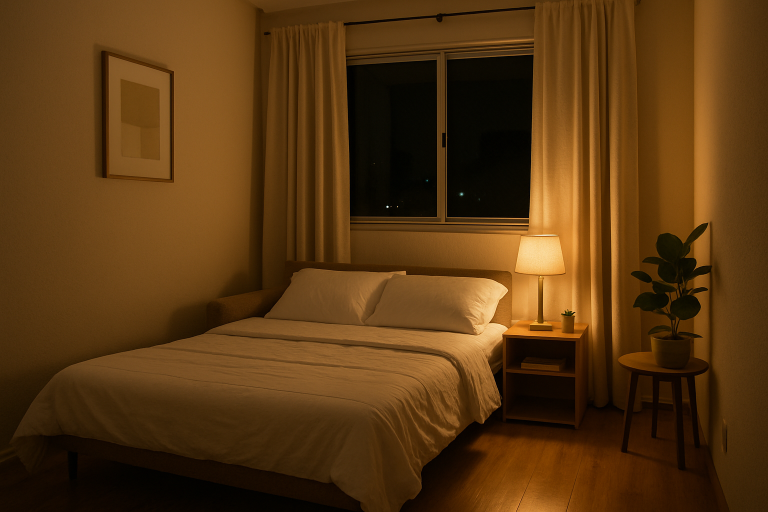 Sofá-cama aberto em sala de apartamento pequeno