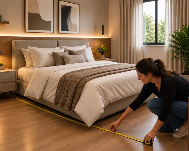 Medindo o tamanho do tapete de quarto pequeno ao lado da cama