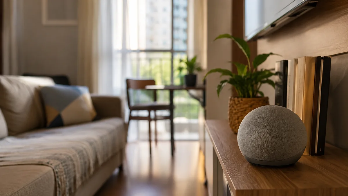 Smart speaker sobre estante de sala em apartamento pequeno brasileiro