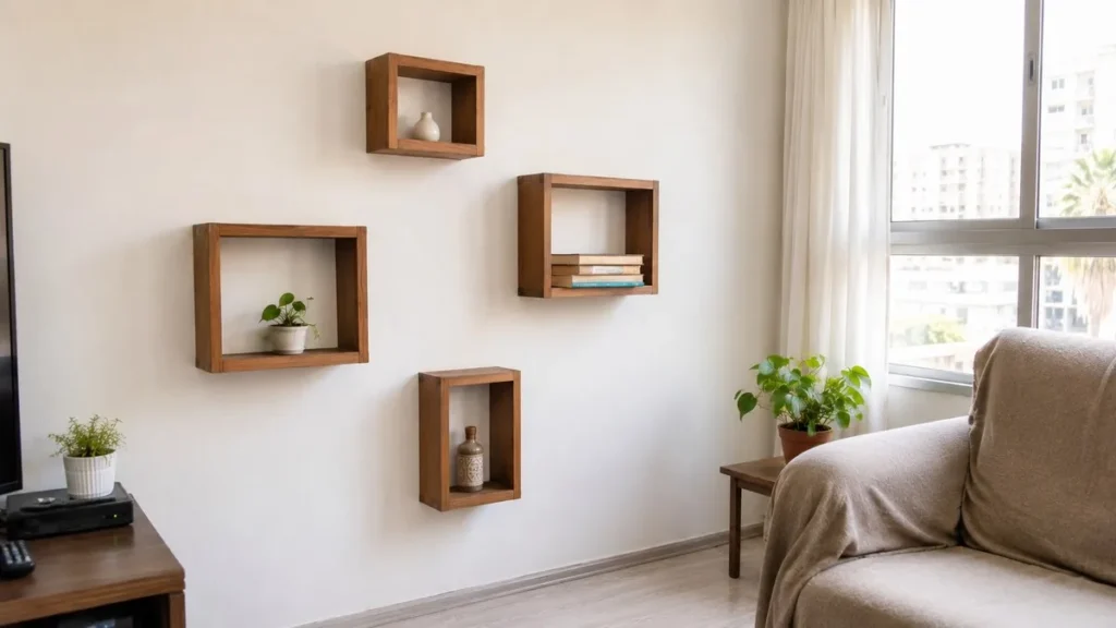 Composição de nichos decorativos assimétricos na parede da sala pequena