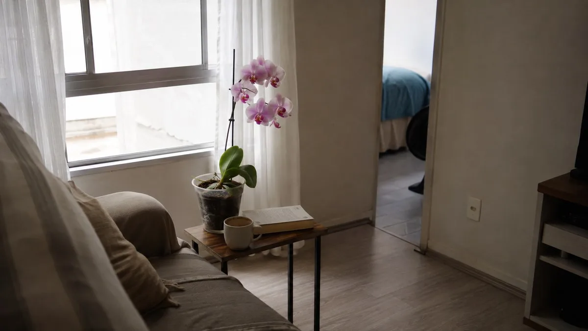 Orquídea em apartamento pequeno perto da janela na sala