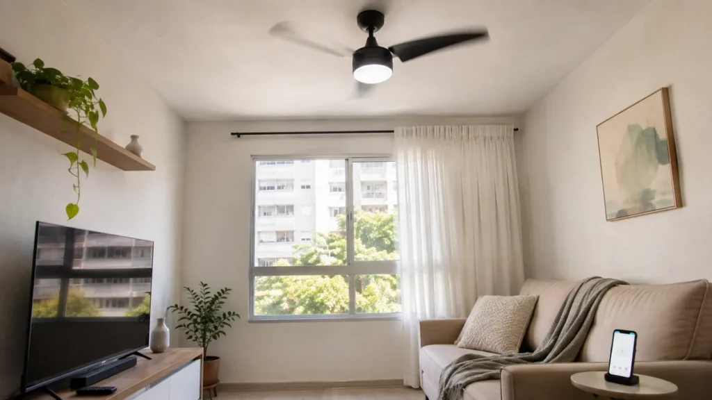 Ventilador de teto inteligente instalado em sala de apartamento pequeno