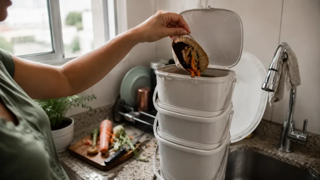 Composteira de baldes empilhados em cozinha de apartamento pequeno, mao jogando restos de vegetais