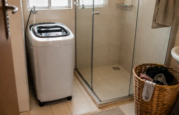 Lavadora compacta com rodinhas instalada perto do box no banheiro de apartamento pequeno