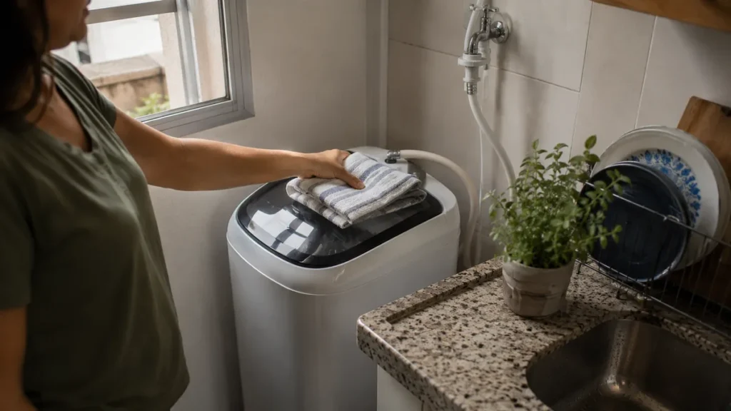 Lavadora compacta instalada em cantinho de cozinha de apartamento pequeno, mulher colocando toalha em cima