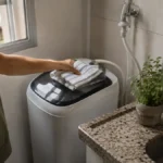 Lavadora compacta instalada em cantinho de cozinha de apartamento pequeno, mulher colocando toalha em cima