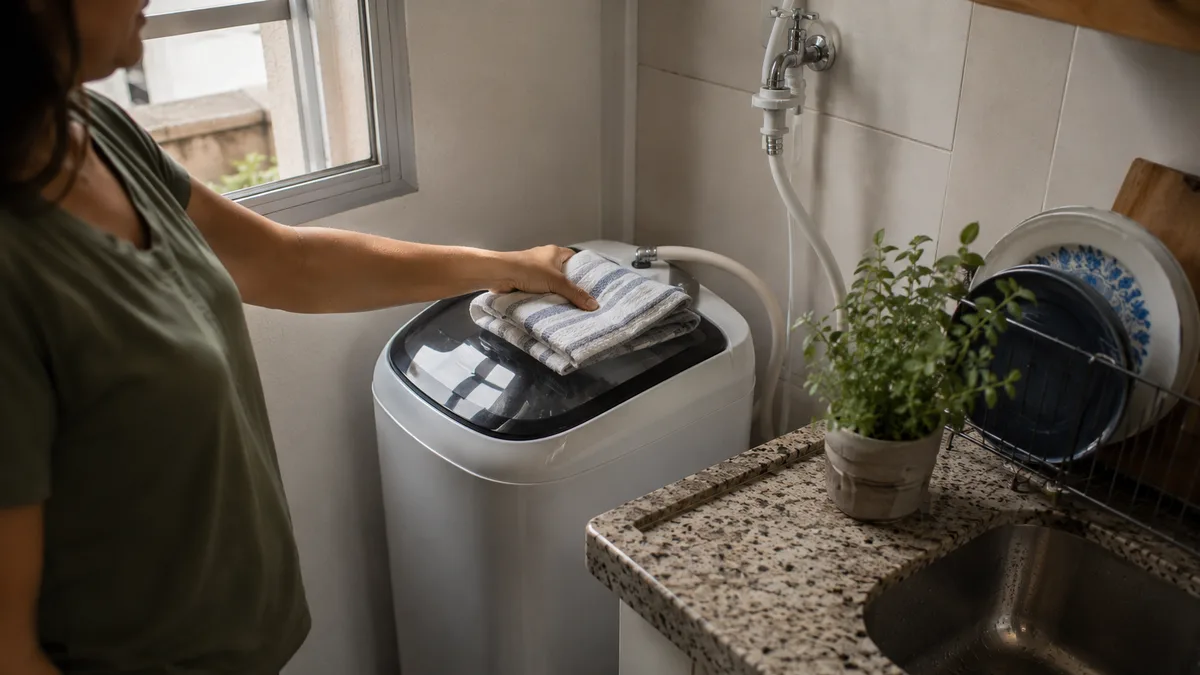 Lavadora compacta instalada em cantinho de cozinha de apartamento pequeno, mulher colocando toalha em cima