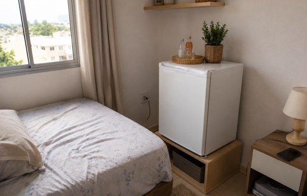 Mini geladeira compacta ao lado da cama em quarto de apartamento pequeno