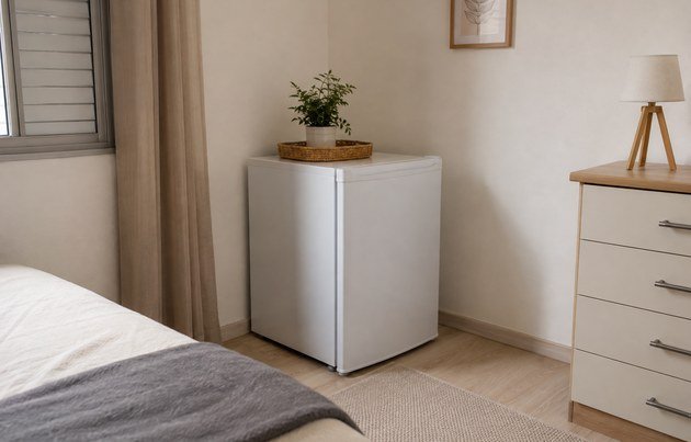 Mini geladeira posicionada em canto do quarto com espaço de ventilação ao redor