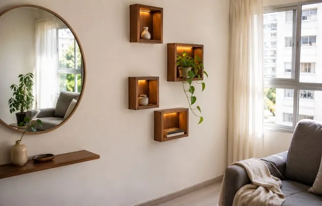 Nichos decorativos com luz de led ao lado de espelho na sala de apartamento pequeno